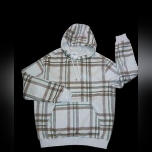 Zara Oversized Plaid Hoodie - Brown and White Size M
